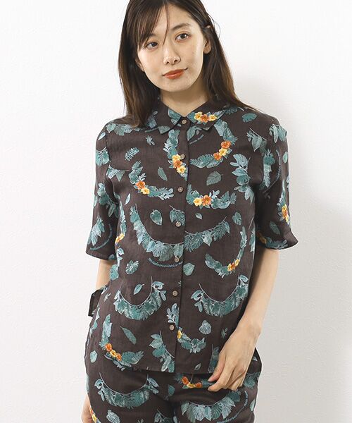 Mademoiselle NON NON / マドモアゼルノンノン シャツ・ブラウス | リネンプリント ボタニカルハーフレイ柄 5分袖シャツ | 詳細5