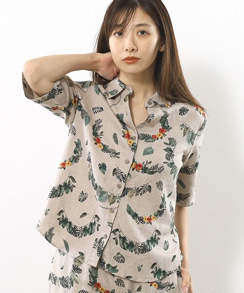 Mademoiselle NON NON / マドモアゼルノンノン シャツ・ブラウス | リネンプリント ボタニカルハーフレイ柄 5分袖シャツ | 詳細14