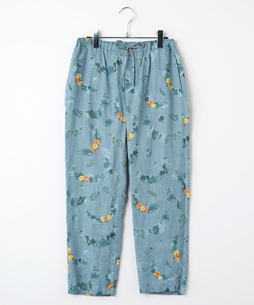 Mademoiselle NON NON / マドモアゼルノンノン ショート・ハーフ・半端丈パンツ | リネンプリント ボタニカルハーフレイ柄8分丈パンツ（ブルーグレー）