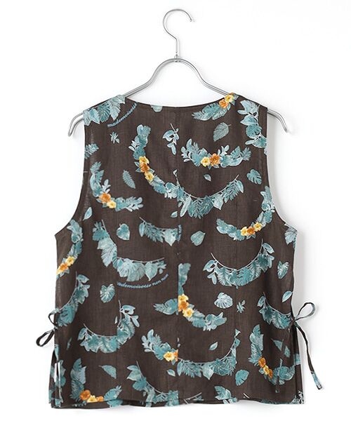 Mademoiselle NON NON / マドモアゼルノンノン ベスト | リネンプリント ボタニカルハーフレイ柄Vネックベスト | 詳細1