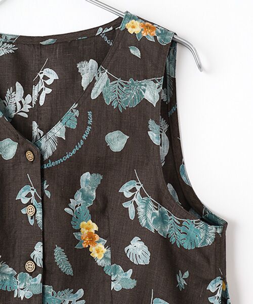 Mademoiselle NON NON / マドモアゼルノンノン ベスト | リネンプリント ボタニカルハーフレイ柄Vネックベスト | 詳細2