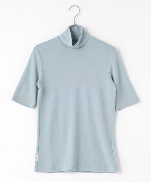Mademoiselle NON NON / マドモアゼルノンノン カットソー | ウォッシャブルウールフライスドライクール加工 ハイネック5分袖カットソー(TOPサックスブルー)