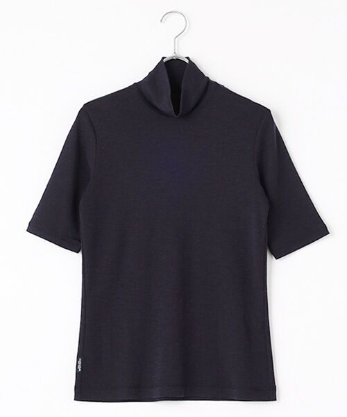 Mademoiselle NON NON / マドモアゼルノンノン カットソー | ウォッシャブルウールフライスドライクール加工 ハイネック5分袖カットソー(TOPダークネイビー)