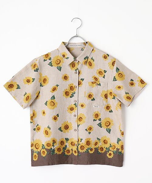 リネンプリント SUNFLOWER柄半袖シャツ （シャツ・ブラウス
