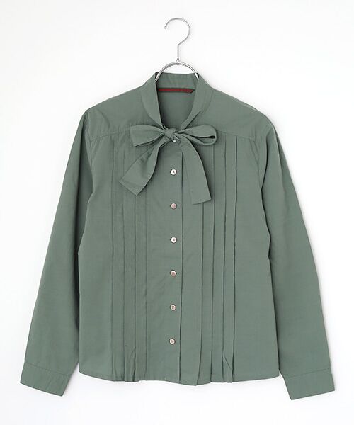 Mademoiselle NON NON / マドモアゼルノンノン シャツ・ブラウス | フェザーブロード液アン＋椿オイル加工 ボータイ長袖ブラウス（ボトルグリーン）