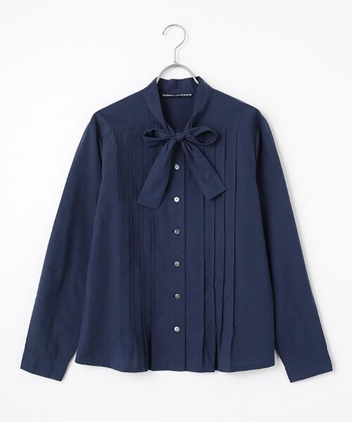 Mademoiselle NON NON / マドモアゼルノンノン シャツ・ブラウス | フェザーブロード液アン＋椿オイル加工 ボータイ長袖ブラウス（ミッドナイトネイビー）