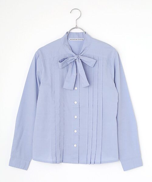 Mademoiselle NON NON / マドモアゼルノンノン シャツ・ブラウス | フェザーブロード液アン＋椿オイル加工 ボータイ長袖ブラウス（サルビアブルー）