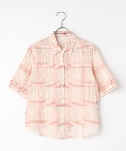 シャーリングソフトワッシャー チェック柄5分袖ブラウス