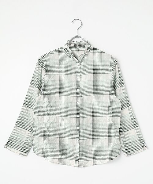 Mademoiselle NON NON/マドモアゼルノンノン シャーリング グラデーションチェック柄スタンドフリルブラウス カーキ系 M Mademoiselle NON NON/マドモアゼルノンノン シャーリング グラデーションチェック柄スタンドフリルブラウス カーキ系 M