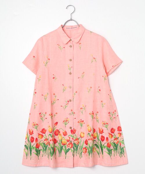 Mademoiselle NON NON / マドモアゼルノンノン シャツ・ブラウス | リネンプリント【TULIP BORDER】チュニックブラウス（ピーチピンク）