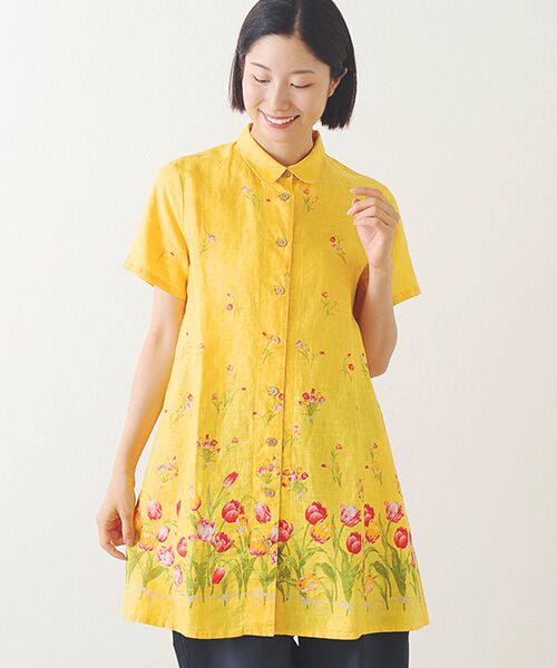 Mademoiselle NON NON / マドモアゼルノンノン シャツ・ブラウス | リネンプリント【TULIP BORDER】チュニックブラウス | 詳細8