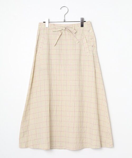 Mademoiselle NON NON / マドモアゼルノンノン ロング・マキシ丈スカート | リネン/コットンチェックWシルケットワッシャー フレアースカート（クリーム×ピーチ）