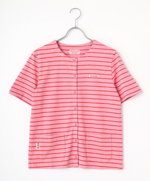 Mademoiselle NON NON / マドモアゼルノンノン カーディガン・ボレロ | ボーダー半袖カーディガン（ＴＯＰピンク系）