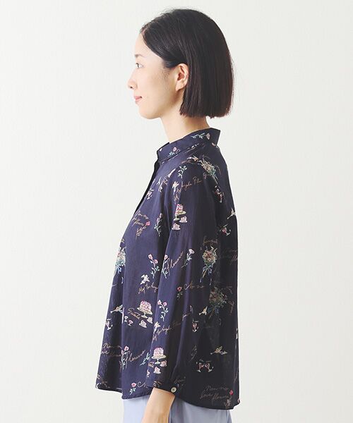 美品 マドモアゼルノンノン 人気 リネン 柄 プリント ブラウス ホワイト 38 美品 マドモアゼルノンノン 人気 リネン 柄 プリント ブラウス