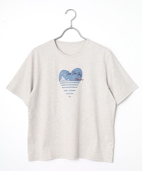 Mademoiselle NON NON/マドモアゼルノンノン オーガニック天竺 ハートボーダーアップリケ刺繍Tシャツ TOPライトグレー L Mademoiselle NON NON/マドモアゼルノンノン オーガニック天竺 ハートボーダーアップリケ刺繍Tシャツ TOPライトグレー L