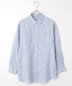 極美品✨マドモアゼルノンノン 長袖シャツ シャンブレー フリル襟 洗える 水色 リネンプリント ドット＆ロゴ柄衿付きシャツ （シャツ・ブラウス