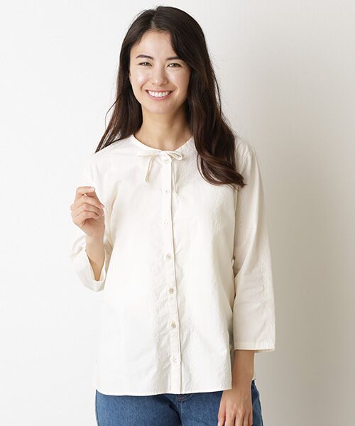 Mademoiselle NON NON / マドモアゼルノンノン シャツ・ブラウス | タイプライター ロゴ&フラワーストライプ刺繍ブラウス | 詳細7