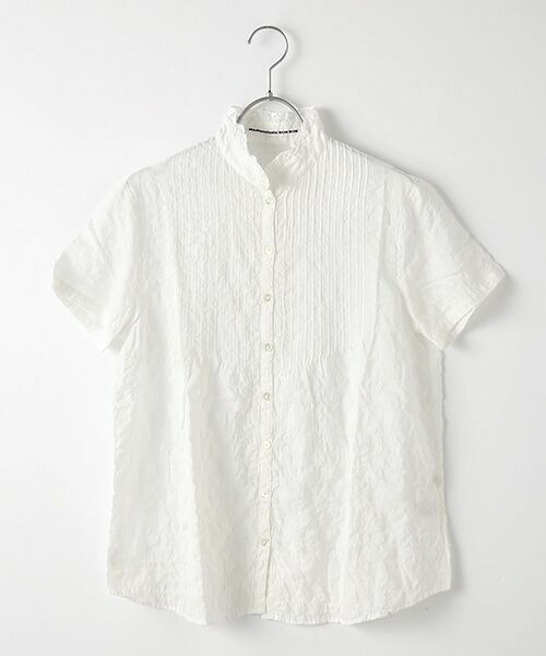 Mademoiselle NON NON/マドモアゼルノンノン 綿モダールシャーリング スタンドフリル衿ブラウス[半袖] シロ M