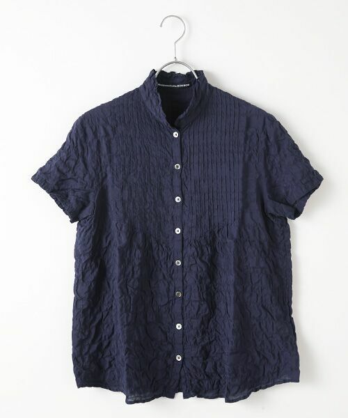 Mademoiselle NON NON/マドモアゼルノンノン 綿モダールシャーリング スタンドフリル衿ブラウス[半袖] 濃コン L