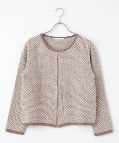 Mademoiselle NON NON / マドモアゼルノンノン ノーカラージャケット | オーストラリアンメリノ7G 3色総柄ジャガードニットジャケット