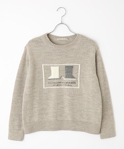 Mademoiselle NON NON/マドモアゼルノンノン ウールケーブル&天竺 長靴ネームモチーフセーター ベージュ M Mademoiselle NON NON/マドモアゼルノンノン ウールケーブル&天竺 長靴ネームモチーフセーター ベージュ M