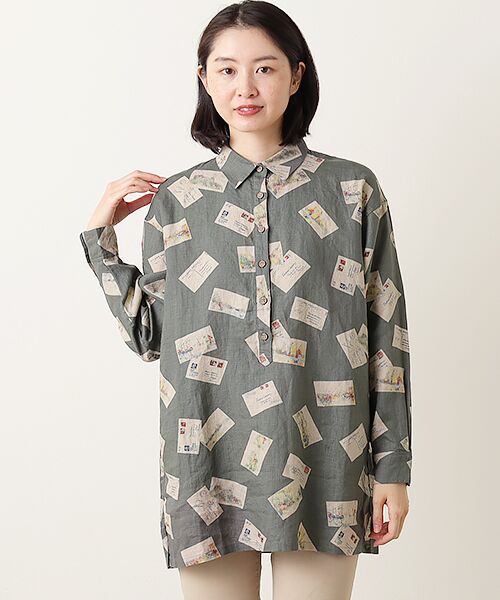 Mademoiselle NON NON / マドモアゼルノンノン シャツ・ブラウス | リネンプリント ポストカード柄プルオーバー型チュニック | 詳細6