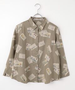 Mademoiselle NON NON / マドモアゼルノンノン シャツ・ブラウス | リネンプリント ポストカード柄衿付キシャツ