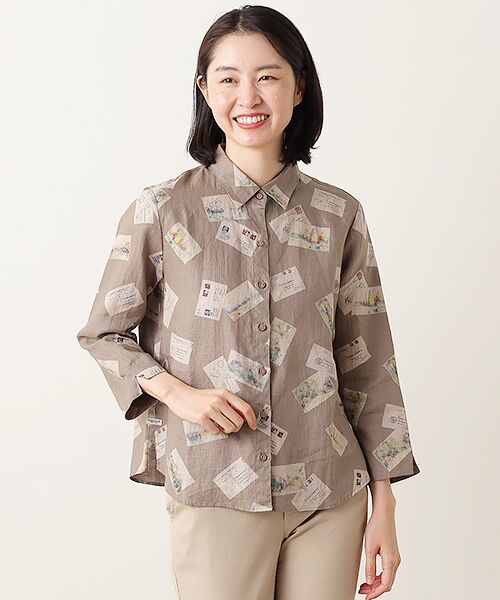 Mademoiselle NON NON / マドモアゼルノンノン シャツ・ブラウス | リネンプリント ポストカード柄衿付キシャツ | 詳細6