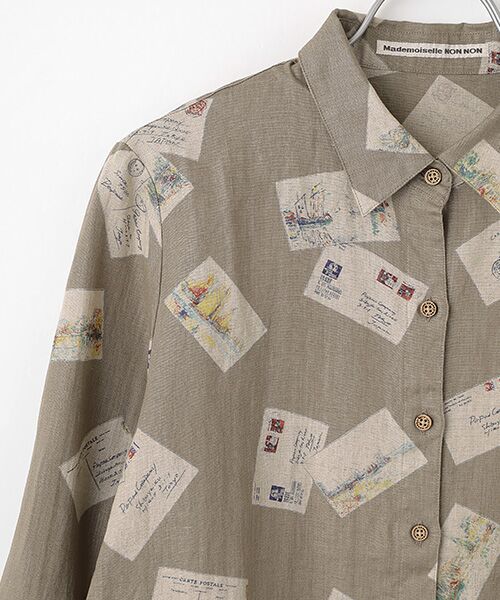 Mademoiselle NON NON / マドモアゼルノンノン シャツ・ブラウス | リネンプリント ポストカード柄衿付キシャツ | 詳細2