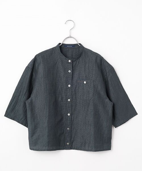 Mademoiselle NON NON / マドモアゼルノンノン シャツ・ブラウス | ストライプ＆チェックワッシャー クロップドオーバーシャツ（ネイビー）