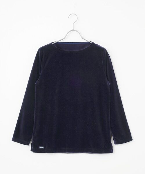 Mademoiselle NON NON / マドモアゼルノンノン カットソー | マルチカラーボーダー＆無地ベロア ボートネックカットソー（ネイビー無地）