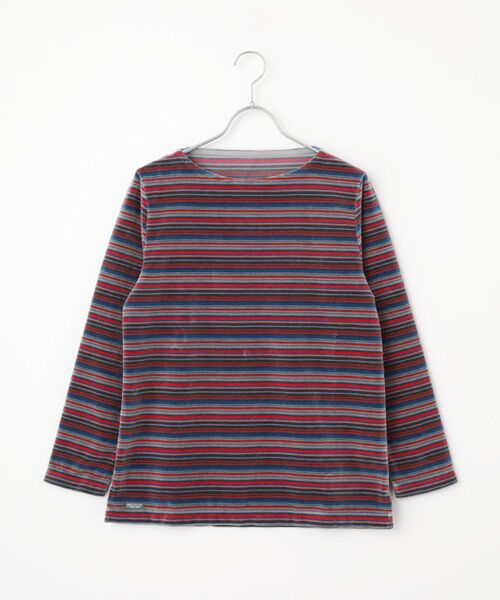 Mademoiselle NON NON / マドモアゼルノンノン カットソー | マルチカラーボーダー＆無地ベロア ボートネックカットソー（チャコール系ボーダー）