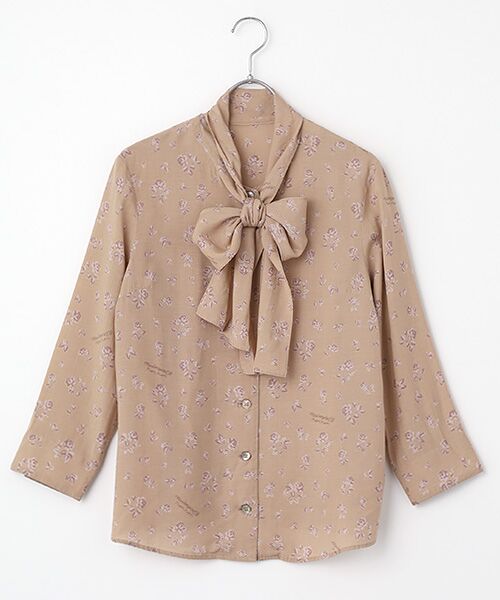 Mademoiselle NON NON / マドモアゼルノンノン シャツ・ブラウス | レーヨンプリント ミニローズ柄ボウタイブラウス（ベージュ）