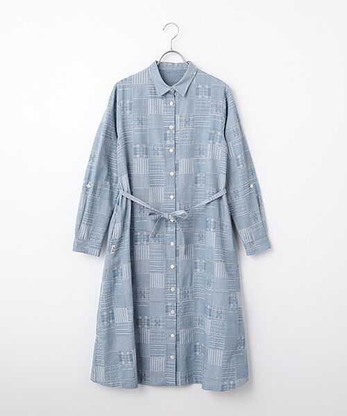 Mademoiselle NON NON / マドモアゼルノンノン ロング・マキシ丈ワンピース | コットンダンガリージャガード 同色パッチワーク柄シャツワンピース（ブルー）