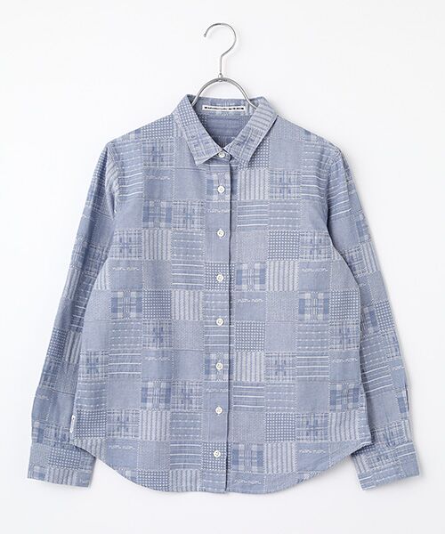 Mademoiselle NON NON / マドモアゼルノンノン シャツ・ブラウス | コットンダンガリージャガード 同色パッチワーク柄シャツ（ブルー）