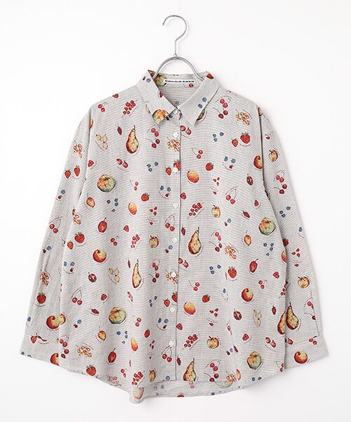 Mademoiselle NON NON / マドモアゼルノンノン シャツ・ブラウス | トップボーダー フルーツプリント柄シャツ（スモークブルー）