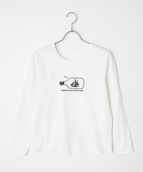 Mademoiselle NON NON / マドモアゼルノンノン Tシャツ | ボトルシッププリント＆刺繍入りTシャツ（シロ）