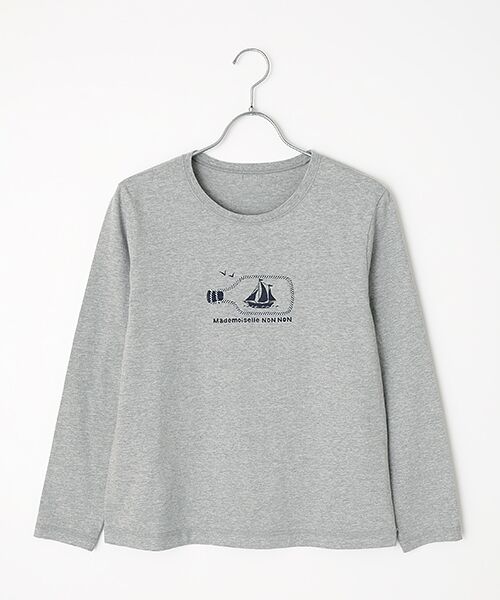 Mademoiselle NON NON / マドモアゼルノンノン Tシャツ | ボトルシッププリント＆刺繍入りTシャツ（ＴＯＰグレー）