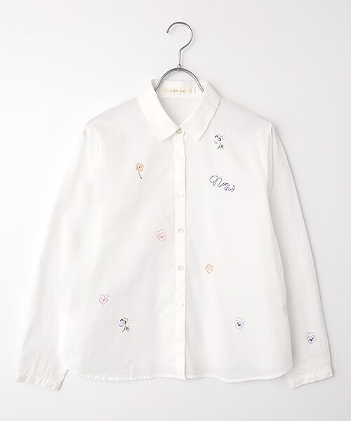 Mademoiselle NON NON / マドモアゼルノンノン シャツ・ブラウス | シャンブレーガーゼワッシャー ビオラ刺繍入りブラウス（オフ）
