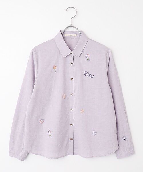 Mademoiselle NON NON / マドモアゼルノンノン シャツ・ブラウス | シャンブレーガーゼワッシャー ビオラ刺繍入りブラウス（ラベンダー）