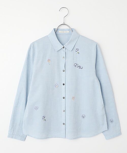 Mademoiselle NON NON / マドモアゼルノンノン シャツ・ブラウス | シャンブレーガーゼワッシャー ビオラ刺繍入りブラウス（サックス）