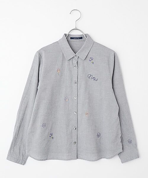 Mademoiselle NON NON / マドモアゼルノンノン シャツ・ブラウス | シャンブレーガーゼワッシャー ビオラ刺繍入りブラウス（ネイビー）