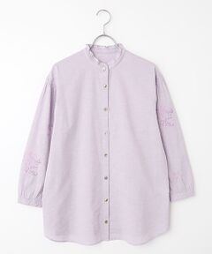 Mademoiselle NON NON / マドモアゼルノンノン シャツ・ブラウス | シャンブレーガーゼワッシャー ビオラ刺繍入りフリルカラーチュニックブラウス