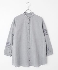 Mademoiselle NON NON / マドモアゼルノンノン シャツ・ブラウス | シャンブレーガーゼワッシャー ビオラ刺繍入りフリルカラーチュニックブラウス