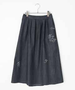 Mademoiselle NON NON / マドモアゼルノンノン ロング・マキシ丈スカート | デニムライクストレッチクロス ビオラ刺繍入りタックスカート