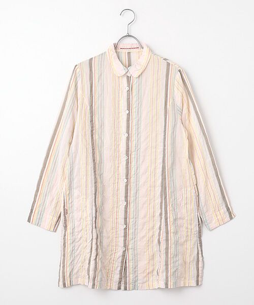 Mademoiselle NON NON / マドモアゼルノンノン シャツ・ブラウス | シャーリングチェック＆ストライプシャツチュニック（ピンク系ストライプ）