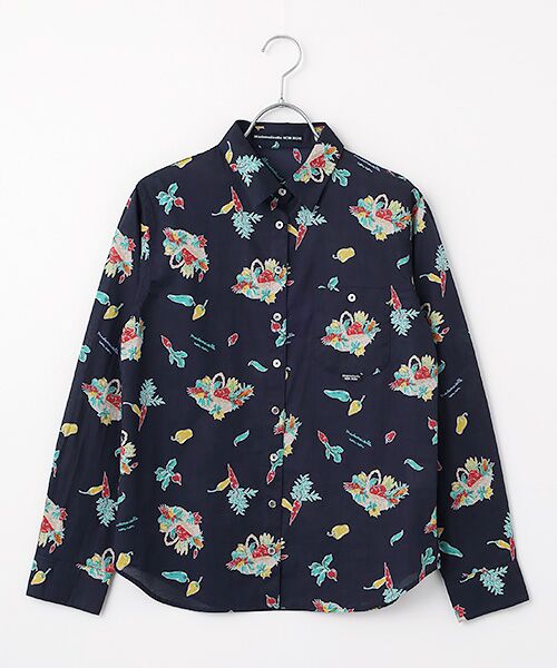 Mademoiselle NON NON / マドモアゼルノンノン シャツ・ブラウス | ベジタブルバスケットプリント長袖シャツ（ダークネイビー）