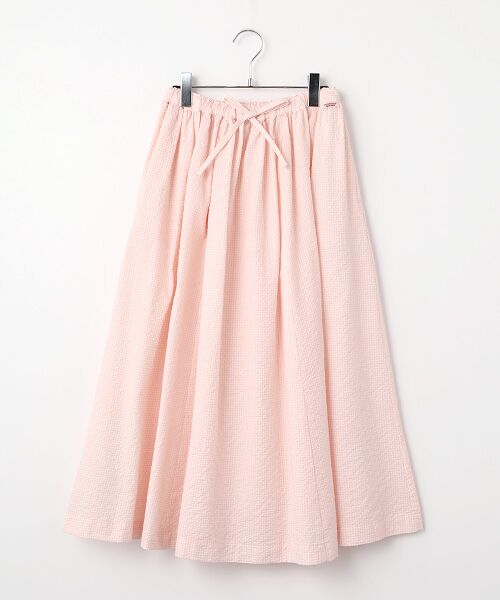 Mademoiselle NON NON / マドモアゼルノンノン ロング・マキシ丈スカート | シャーリングギンガム ギャザーフレアースカート（ピンク×シロ）