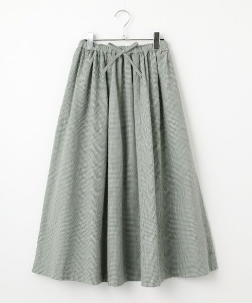 Mademoiselle NON NON / マドモアゼルノンノン ロング・マキシ丈スカート | シャーリングギンガム ギャザーフレアースカート（ミント×モカグレー）