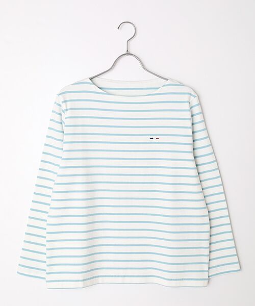 Mademoiselle NON NON / マドモアゼルノンノン Tシャツ | 天竺ボーダー ボートネックTシャツ（シロ×ライトブルー）